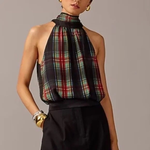 J.Crew Halter Top Blouse with Necktie in Stewart Tartan Chiffon Blend NWT L & XL - Picture 1 of 5
